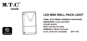 M0659: 15 Watt LED Wall Pack, 3 CCT ( Change Colour With Button (3K/45K/6K )with Photocell Dusk to Dawn 2100lm Input 100-277Vac, Black(Pack of 2 PcsI