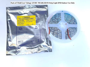 Pack of 5 Roll (5M Each ) M0487 : LED Strip Light 12V DC IP20 Indoor Use Only 5M Roll 5050 60LED/M 300 LED/ Roll Watt:1M≤14