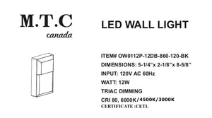 M0323:M.T.C Canada LED Wall Light Outdoor /Porch Light, Wall Lantern, 12W (120-150W Equivalent) , 1200 Lumens, Waterproof Outdoor Rated, CETL 3CCT(Pack of 2 Piece )