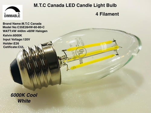 ( Pack of 24 )M0262  :LED Candelabra Bulb,4W 440lm E26 Filament Candle Light Bulbs, CUL Certified Dimmable E26 Screw Base.