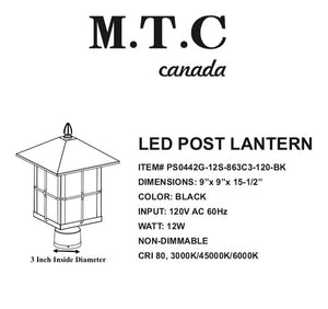 M0459 : M.T.C Canada LED Post Light 12W 1500lm IP65 Waterproof Outdoor CCT Changeable With Button 3000K/4500K/6000K Input Voltage 120VAC CETL Certified For Sale