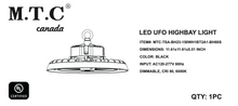 (Pack of 1 ) M0709 M.T.C Canada LED High Bay Light UFO Premium Range 150W 21000lm 6000K Input Voltage AC100V-277V, UFO Style,New Advance Model CUL Certified(M0709 150W 100-277VAC UFO Highbay CUL)