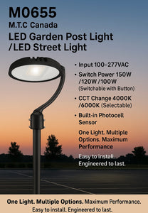 (Pack of 1) M0655 Black Housing 150Watt : M.T.C Canada LED Garden Post Light/LED Street Light with Photocell Sensor Input 100-277VAC, Switch Power with Button 150W/120W/100W and CCT Change 4K/6K CUL
