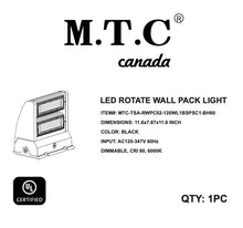 Upgraded :(Pack of 1) M.T.C Canada LED Wall Pack CUL Certified for Outdoor Use Waterproof IP65 Input Voltage 120-347VAC (Rotatable Wall Pack, 120W 16,800lm 6000K Black Housing CUL Certified)