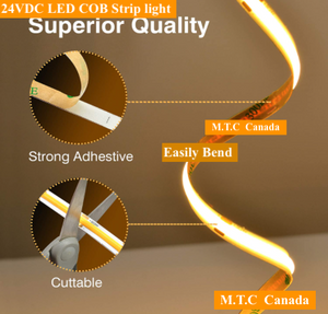 (1 Roll 15M) M0677: M.T.C Canada LED Strip Light COB Dot Free 15M (49.2 FT Roll) 24VDC 320LED /M 12W/M IP44 No Drop in Voltage with 1 Side Power