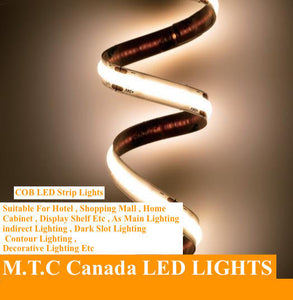 (1 Roll 15M) M0677: M.T.C Canada LED Strip Light COB Dot Free 15M (49.2 FT Roll) 24VDC 320LED /M 12W/M IP44 No Drop in Voltage with 1 Side Power