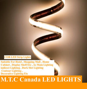 (1 Roll 15M) M0677 Blue : M.T.C Canada LED Strip Light Commercial Grade COB Dot Free 15M (49.2 FT Roll) 24VDC 320LED /M 12W/M IP44 No Drop in Voltage with 1 Side Power (Blue Colour)