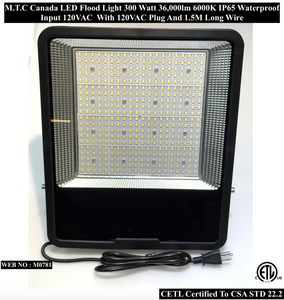 Pack of 1 Piece : M0781 : M.T.C Canada LED Flood Light 300 Watt Input 120VAC 36,000 lm 6000K with 1.5M Long Wire CETL Certified IP65-Ip66 Waterproof