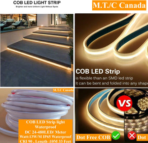 Waterproof (1 Roll 10M) M0730 4K: M.T.C Canada LED Strip Light COB Dot Free 10M (33 FT Roll) 24VDC 480LED /M 13W/M IP67 Waterproof Outdoor Commercial Grade No Drop in Voltage 4000K Natural White)