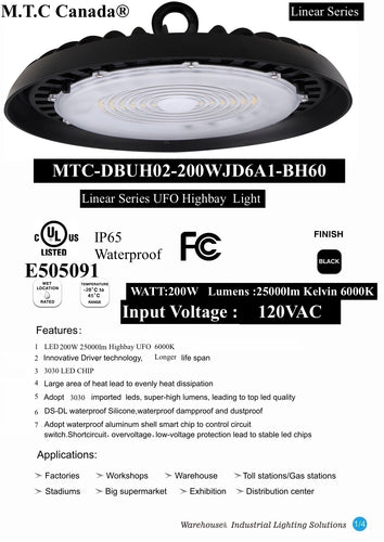 Pack of 4 Piece :M0658 : M.T.C Canada LED High Bay Light Linear UFO Series 200W 25,000lm 6000K Input Voltage 120VAC IP65 Waterproof / Dust Proof New Advance Model CUL certified