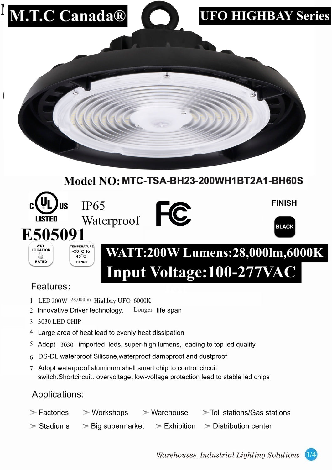 Pack of 1 (M0710: M.T.C Canada LED High Bay Light UFO Pro series 200W 28000lm 6000K Input Voltage AC100V-277V With New Advance Model CUL certified)