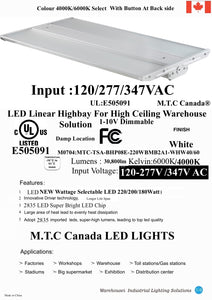 (Pack of 1 )Upgraded M0704: M.T.C Canada LED High Bay Light Linear Frosted Lens Dimmable 347VAC (Linear High Bay Wattage Selectable 220/200/180W 30,800lm 4K/6K CCT Change Input 120-277VAC/347VAC CUL)