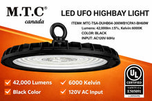 Upgraded 42,000 Lm Cul Certified 300 Watt High Bay 6K M0836 - M.T.C Canada LED UFO Highbay Light 120VAC with 120VAC Plug in 1.5M Long Wire | | Black Housing for High Ceiling Warehouse