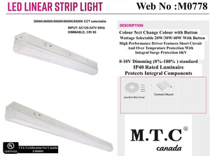 (Pack of 4) M0778:LED Strip light /LED Shop Light 4 Feet Wattage Selectable 20W /30W /40W With Button And 5CCT (3K/4K/5K/6K/65K ) With Button Input 120-347VAC CUL Certified