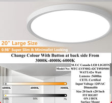 M0841: M.T.C Canada 20 Inch Round LED Ceiling Light, 42W ,5600LM, 3CCT (3000K/4000K/6000K) Selectable, Dimmable 120VAC, Ultra Slim 0.98", Surface Mount cETL Certified