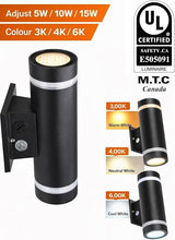 Pack of 6) M0835 - Cul Certified M.T.C Canada LED Up Down Wall Pack Light – 5W/10W/15W Adjustable, 3CCT Selectable (3000K/4000K/6000K), Black, Outdoor Wall Sconce, AC120-277VAC with Photocell