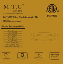 M0759 :M.T.C Canada LED Slim Panel Surface Mount/LED Ceiling Light 16 Inch Round 30W Dimmable 4000lm 120VAC 3CCT (3K-4K-6K) CETL