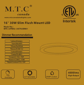 M0759 :M.T.C Canada LED Slim Panel Surface Mount/LED Ceiling Light 16 Inch Round 30W Dimmable 4000lm 120VAC 3CCT (3K-4K-6K) CETL