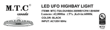 Upgraded 42,000 Lm Cul Certified 300 Watt High Bay 6K M0836 - M.T.C Canada LED UFO Highbay Light 120VAC with 120VAC Plug in 1.5M Long Wire | | Black Housing for High Ceiling Warehouse