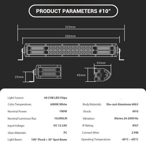 (Pack of 2)M0669:LED Double row Bar 10 Inch Off Road 180W Combo Beam LED 3W , 3030 LED , Operating Voltage 10-30VDC Colour to choose 6000K Or Yellow Work SUV Truck ATV Boat