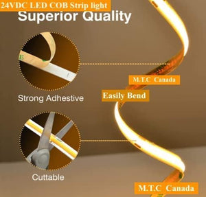 1 Roll 20M) M0760 : M.T.C Canada LED Strip Light Commercial Grade COB Dot Free 20M (66 FT Roll) 24VDC 320LED /M 5W/M IP44 No Drop in Voltage with 1 Side Power