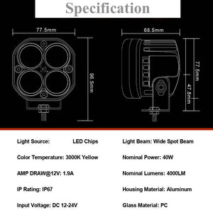 (Pack of 2)M0670 : M.T.C Canada LED 40W Yellow Off Road Work Light /LED Pod / LED Bar 4000lm Inout 10-30VDC IP67 Waterproof