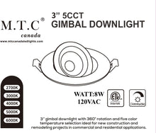 (Pack of 12) M0839 : MTC Canada 3 Inch LED Gimbal Pot Light 8 Watt 800lm 5cct (27K-6K),LED Downlight – 360° Rotation, Triac Dimmable, 120V Dimmable, Cetl Certified