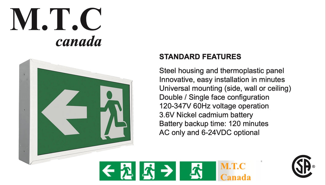 Pack of 1 Piece M0666 : M.T.C Canada LED Running Man Exit Sign Steel Housing PC Panel Input Voltage 120V-347V CSA Certified,For Sale Canadian Company Canadian Stock