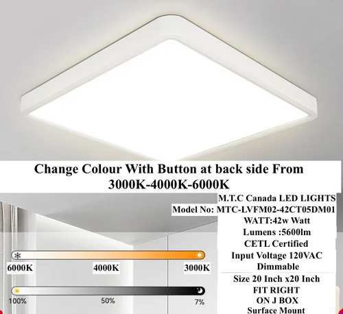 (Pack of 2) M0774: M.T.C Canada 20 Inch Square Ceiling Light Surface Mount 42 Watt 5600lm 120VAC 3cct 3K-4K-6K (Chnage Colour with Button) CETL Certified