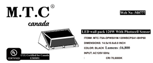 (Pack of 1 ) M0777 Black Housing : M.T.C Canada Commercial Grade LED Wall Pack 120 watt 6000K 120VAC 16,800 lm IP65 Outdoor/Indoor Waterproof Ip65 with Photocell Sensor CUL Certified