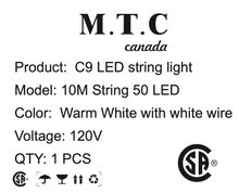 CSA Certified 50M (165 Feet) M0817 : M.T.C Canada C9 LED String Light – Warm White (10M / 50 LEDs) X5 (50M /250 LED White Wire Extendable Male Female Connection Max Can Connect 45 Set