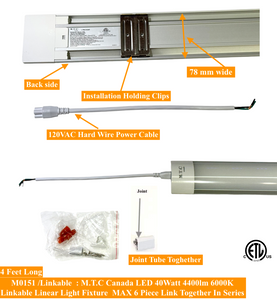 ( Pack of 10 ) M0151 / 6K Linkable series :M.T.C Canada  4 Feet LED Linear Linkable Light Fixture  40W 6000K 4400Lm With 4 Inch Junction BOX Cover Plate 100V-277V CETL