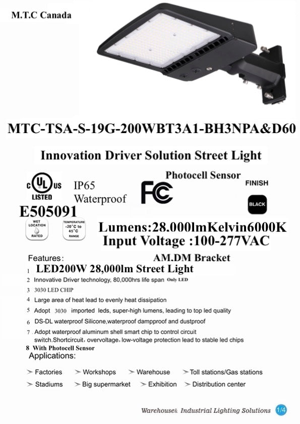 Pack of 1 M0708 200W : M.T.C Canada® LED Parking Lot Lights/LED Street Light/LED Shoe Box Light/LED Area Light LED Direct Wiring AC 100-277V 200W