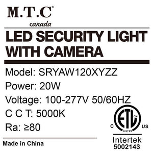 M.T.C Canada® LED Security Sensor Light with Camera Motion-Activated HD Security Cam Two-Way Talk 20W 2400lm 5000K Input Voltage 100-277VAC CETL Certified White Housing