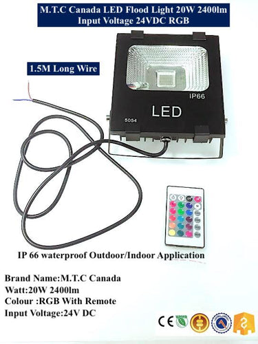 M0335:M.T.C Canada LED Flood Light 20W Input Voltage 24V DC RGB 2400lm With Remote Control IP66 , Waterproof