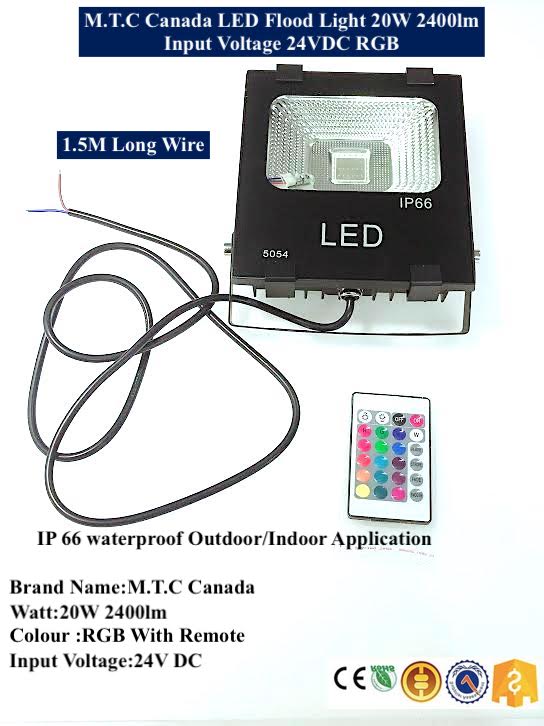 M0335:M.T.C Canada LED Flood Light 20W Input Voltage 24V DC RGB 2400lm With Remote Control IP66 , Waterproof