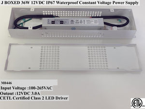 M0446: LED Constant Voltage Power Supply With J BOX Watt 36W 12VDC  Waterproof IP67 Outdoor/Indoor CETL Certified I.V:100-265Vac Output: 12VDC 3.0A