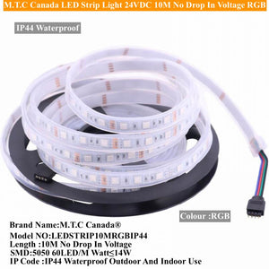 M0437:M.T.C Canada LED Strip Light 24VDC SMD 5050 60LED/M Watt:1M≤14 10M ( 33 Feet ) Length No Drop In voltage IP44 Outdoor Indoor Use RGB