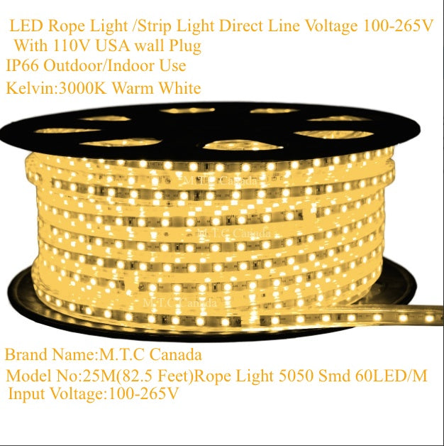 M0003 ( 3000K Warm White  ) :LED Rope Light 25M Roll Warm White ColourOutdoor/Indoor IP66 With 110V Flat Wall Plug