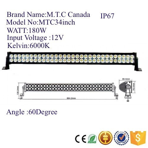 M0166 - 34 Inch LED Bar 180W Input 12V Kelvin 6000K IP67 CE,ROHS