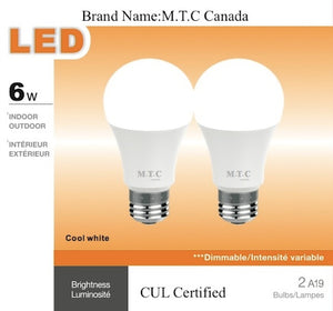 Led A19 Bulb 6W,6000K Cool White,CUL App,Non Dimmable,Pack of 24 Pieces= $80.00 Cad