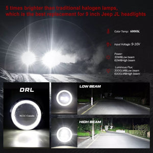 M0565:9 Inch Round Led Headlight with White Halo High Low Beam Day Time Running Light DOT Approved  ( 1 Pair )