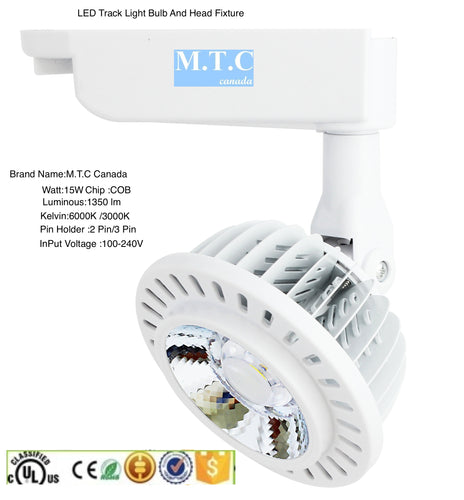 LED Track Light Head & Bulb kit fixture 15W For 3 Pin Track 1350Lm 3000K