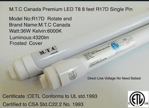 M0242:LED T8 8 Feet Tube Light R17D MODEL 36W 4320lm 6000K(Bright White) Frosted Cover CETL Certified No Need Ballast 100V-277V Pack Of 20 PCS