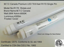 M0242: LED T8 8 Feet Tube Light R17D MODEL 36W 4320lm 6000K(Bright White) Frosted Cover CETL Certified No Need Ballast 100V-277V  Pack Of 10 PCS