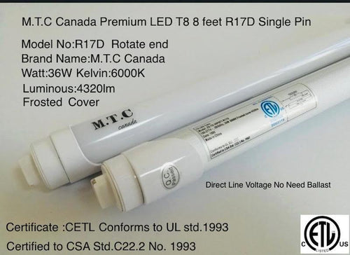 M0242: LED T8 8 Feet Tube Light R17D MODEL 36W 4320lm 6000K(Bright White) Frosted Cover CETL Certified No Need Ballast 100V-277V  Pack Of 10 PCS