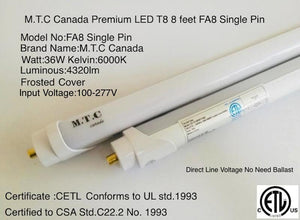 M0241 : LED T8 8 Feet Tube Light FA8 MODEL(1 Pin) 36W 4320lm(120LM/W) 6000K(Bright White) Frosted Cover CETL Certified  No Need Ballast 100V-277V Pack Of 20 PCS