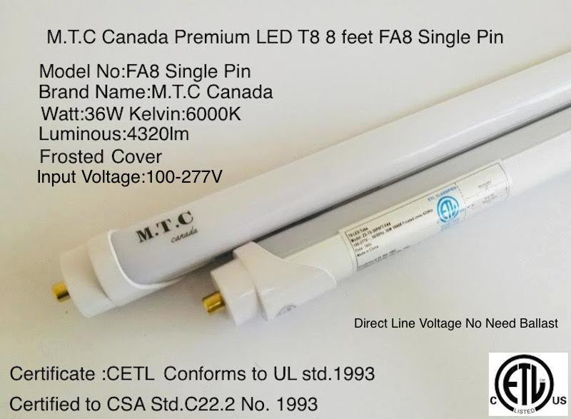 M0241:LED T8 8 Feet Tube Light FA8 MODEL(1 Pin)3 6W 4320lm 6000K(Bright White) Frosted Cover CETL Certified No Need Ballast 100V-277VPack Of 10 PCS