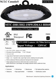 1 Piece (150 W 120VAC):M0657 M.T.C Canada LED High Bay  UFO  150W 18,500lm 6000K CUL cetified Input 120VAC