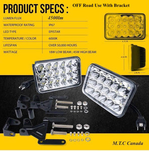 OFF Road Use ( No DOT Approved ) LED Head Light 4x6 45W 6000K Hi/Low Off Road With Mounting Brackets  CE,ROHS Pack of 2 Pcs